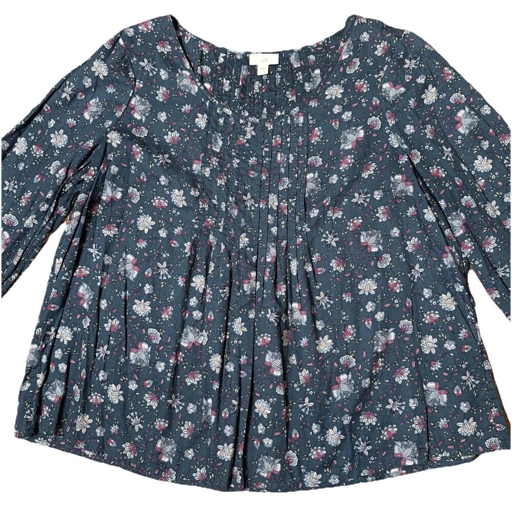 J. Jill Blouse Women's Sz Lg Blue Floral Pleated Peasant Lightweight Cottagecore